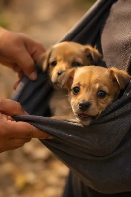 Adorable Puppies in Cozy Gray Pouch