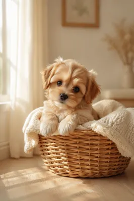 Tiny Fluffy Puppy by Sunlit Window
