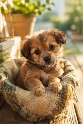 Adorable Fluffy Puppy on Sunlit Porch
