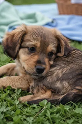 Sleepy Puppy Resting in Picnic Grass