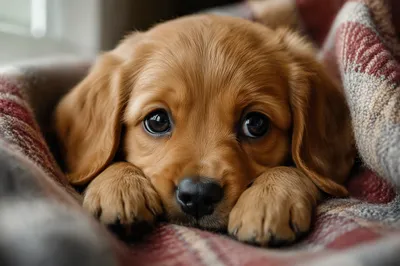 Adorable Golden Puppy in Cozy Blanket