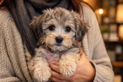 Adorable Fluffy Puppy Held in Gentle Hands