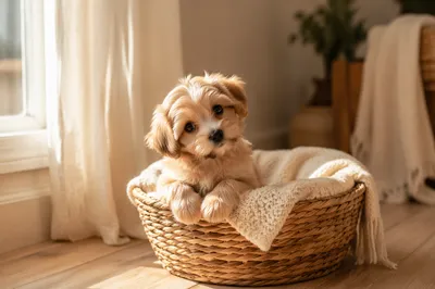 Adorable Fluffy Puppy by Sunlit Window
