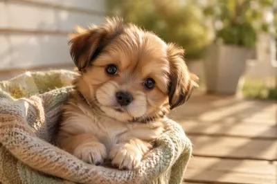 Adorable Fluffy Puppy on Sunlit Porch
