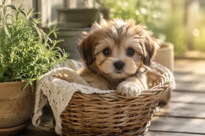 Tiny Puppy in Sunlit Farmhouse Basket