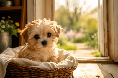 Adorable Puppy in Basket by Cottage Doorway