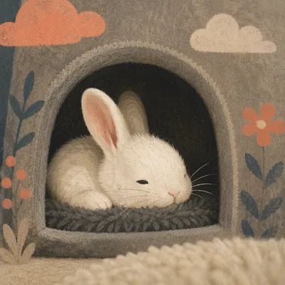 Fluffy White Rabbit in Cozy Plush Cave