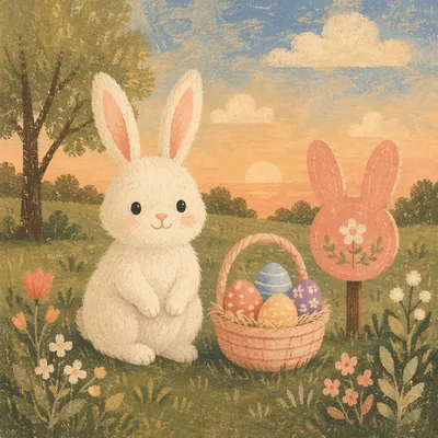 Fluffy White Rabbit in Spring Meadow