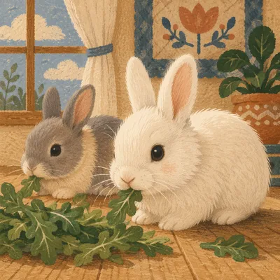 Fluffy White Rabbits Eating Fresh Greens