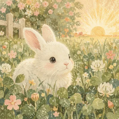 Cute White Rabbit in Spring Meadow