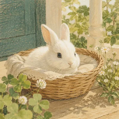 Cute White Bunny in Wicker Basket