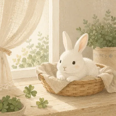 Cute Fluffy White Rabbit by Window