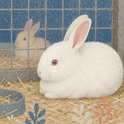 Cute Fluffy White Rabbit in Indoor Pen