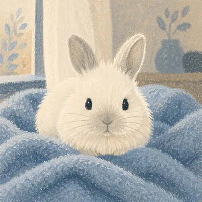Fluffy White Bunny on Blue Blanket