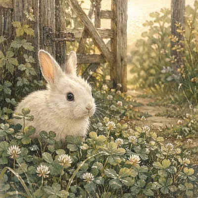 Fluffy White Rabbit in Spring Clover