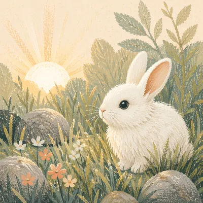 Cute White Rabbit in Spring Garden