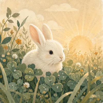 Fluffy White Rabbit in Sunrise Clover Garden