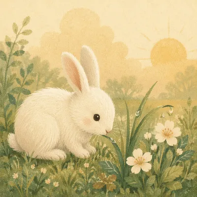 Fluffy White Rabbit in Spring Meadow