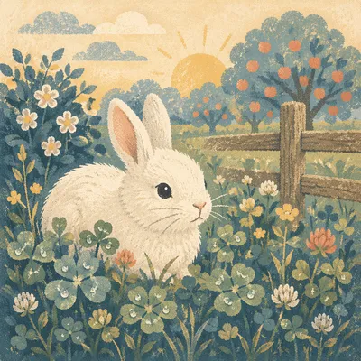 Fluffy White Rabbit in Morning Clover