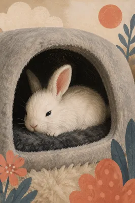 Fluffy White Rabbit in Cozy Plush Cave