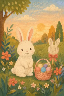 Fluffy White Rabbit in Spring Meadow
