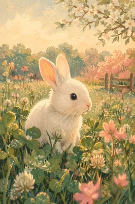 Fluffy White Rabbit in Spring Meadow