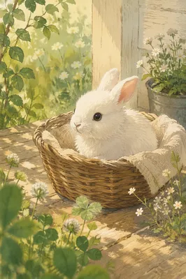 Cute White Bunny in Wicker Basket