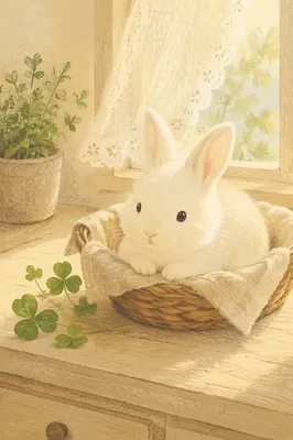Cute White Rabbit in Sunlit Basket