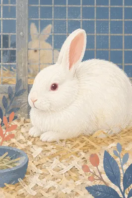 Fluffy White Rabbit in Gentle Indoor Pen