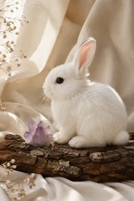 Fluffy White Bunny on Natural Bark