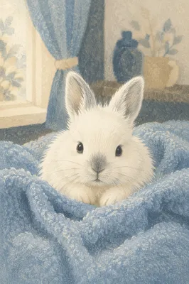 Fluffy White Bunny on Blue Blanket