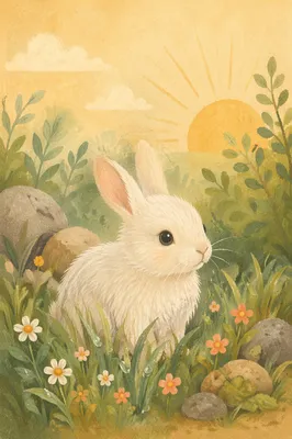 Cute White Rabbit in Morning Garden