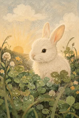 Fluffy White Rabbit in Sunrise Clover