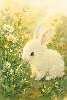 Fluffy White Rabbit in Spring Meadow