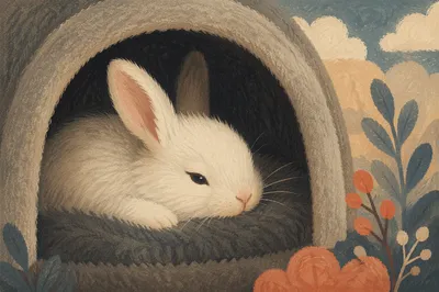 Fluffy White Rabbit in Cozy Plush Cave