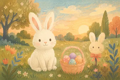 Fluffy White Rabbit in Spring Meadow