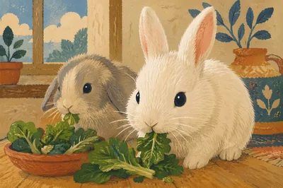 Cute Fluffy Rabbits Eating Leafy Greens