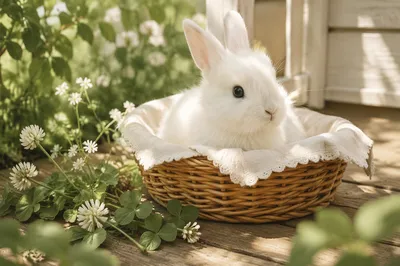 Cute White Bunny in Wicker Basket