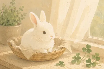Cute White Bunny in Sunlit Basket