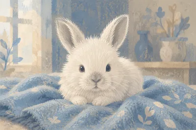 Fluffy White Bunny on Blue Blanket