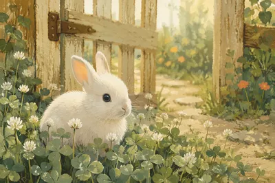 Fluffy White Rabbit in Spring Clover