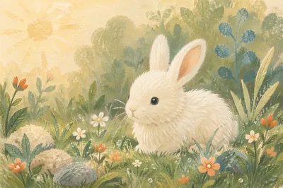 Fluffy White Rabbit in Spring Garden