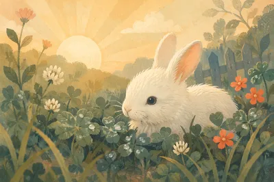 Fluffy White Rabbit in Sunrise Clover