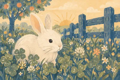 Fluffy White Rabbit in Morning Clover