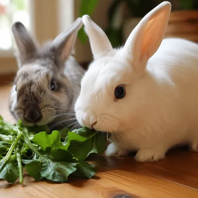 Cute White Bunny Nibbling Greens Indoors