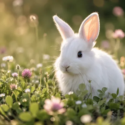 Fluffy White Rabbit in Spring Meadow