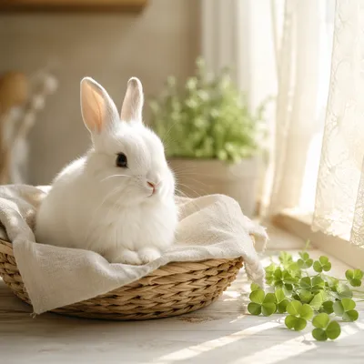 Cute Fluffy White Rabbit in Basket