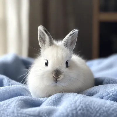 Fluffy White Bunny on Blue Blanket