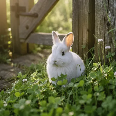 Fluffy White Rabbit in Spring Clover