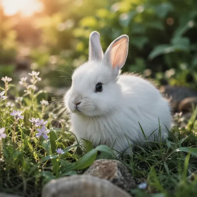 Fluffy White Rabbit in Morning Garden